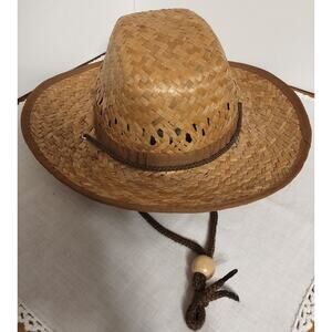 Western Style Straw Hat w/Leaf Vent & Adjustable Chin Strap 23" around inside